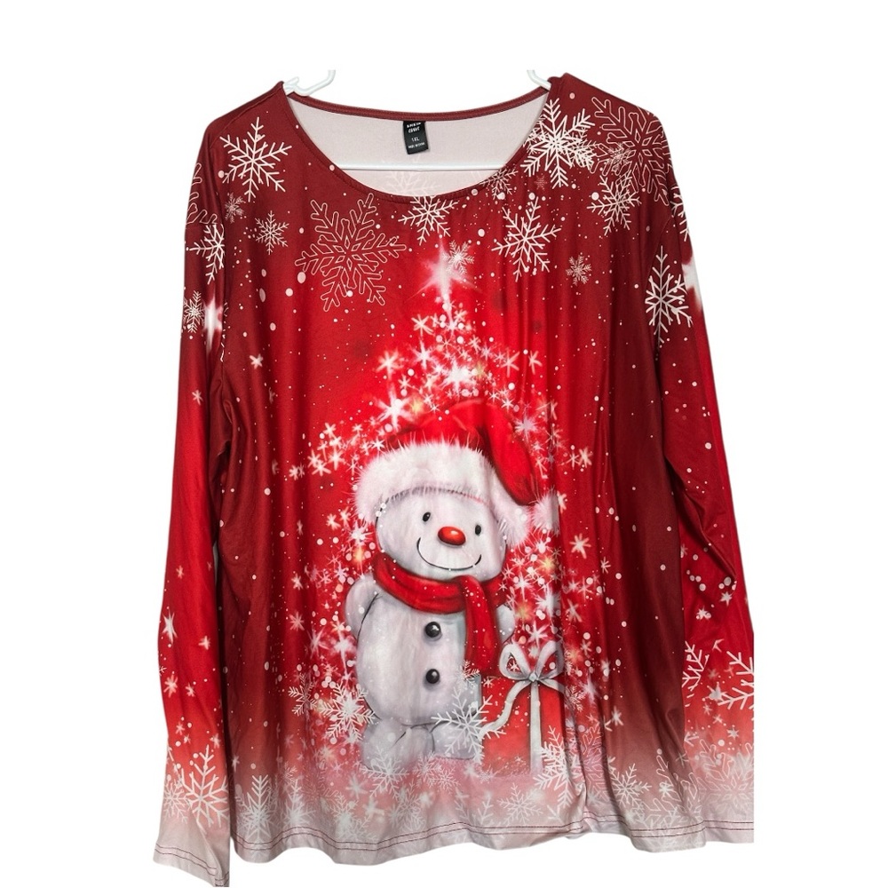 SHEIN Curve Red Snowman Christmas Top 1XL Long Sleeve Holiday Graphic Shirt - Picture 2 of 8